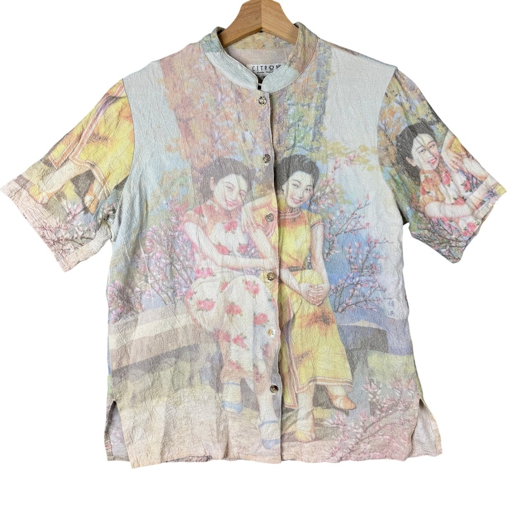 Citron Santa Monica XS Rayon Geisha Art Print Mandarin Collar Button Down Blouse